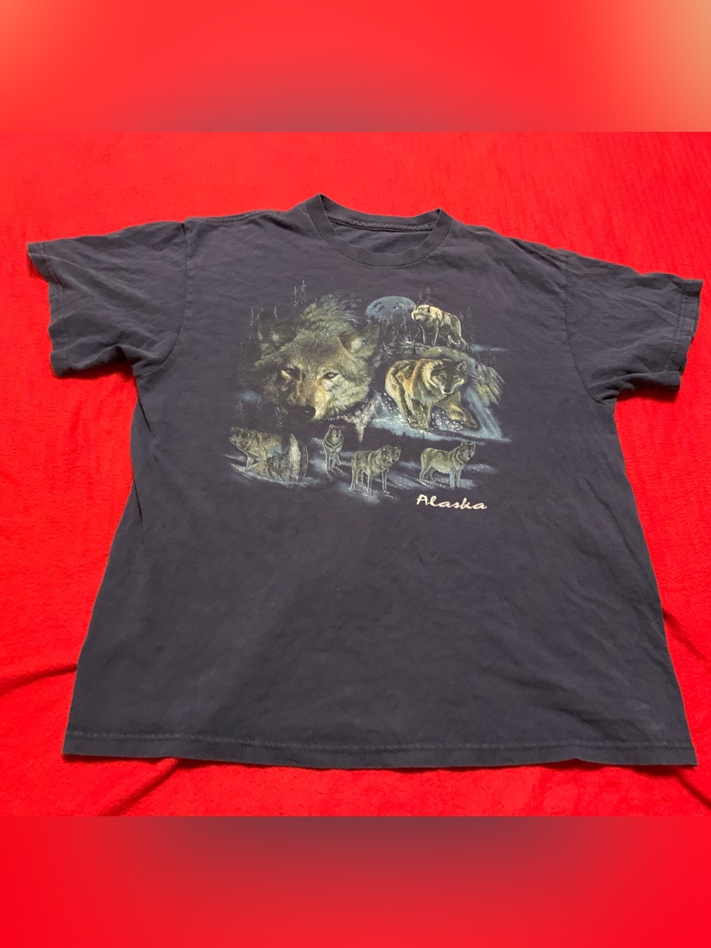 Vintage Alaska Wolf Tee Top T-shirt Blue